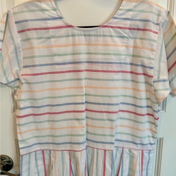 White Stripe Casual Short-Sleeve Cotton Dress with Pastel Multicolor Stripes - Picture 2 of 4